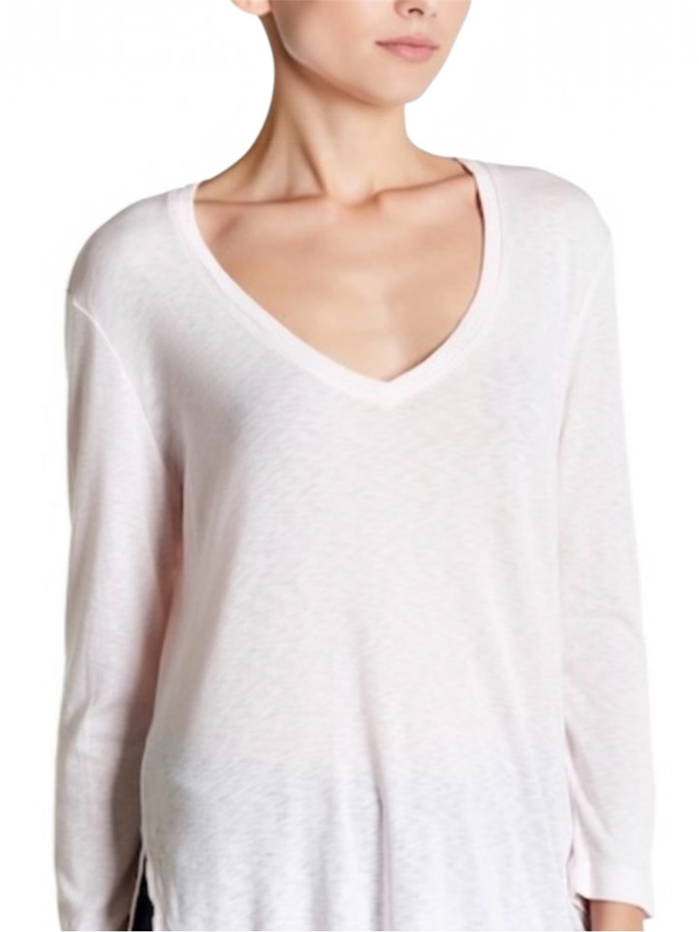 Michael Stars Jersey Lycra Long Sleeve V-Neck w/ Side Slit Tee in Pink/Off White